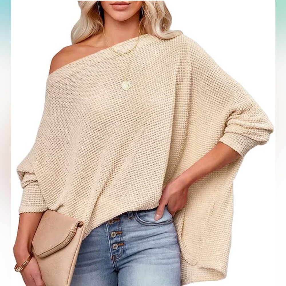 Women's Casual Boat Neck Off The Shoulder Long Sleeve Waffle Knit Loose